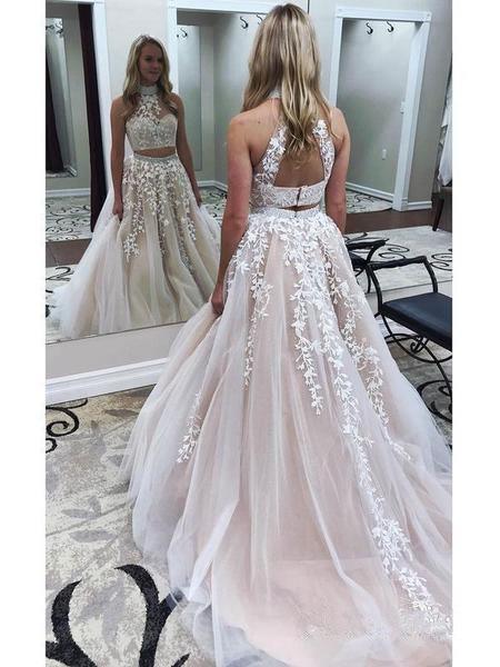 Lace Appliquéd Two Piece Prom Dresses Long Halter Ball Gowns PG727 - Pgmdress