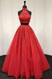 Lace Appliquéd Two Piece Prom Dresses Long Halter Ball Gowns PG727 - Pgmdress