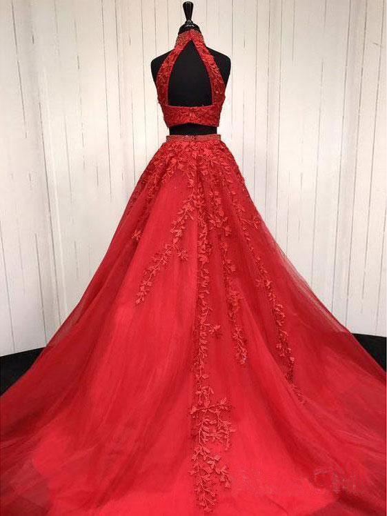 red two piece lace dress MACloth Short Sleeves Black Lace Red Prom Dress Two Piece Ball Gown Custom Color / Above Knee / US10