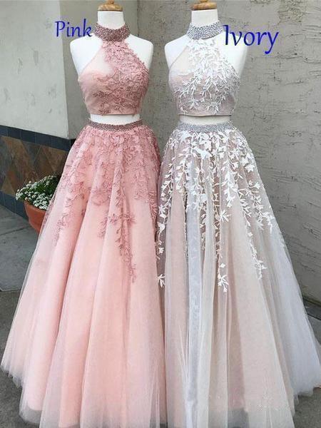 Lace Appliquéd Two Piece Prom Dresses Long Halter Ball Gowns PG727- Pgmdress