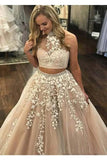 Lace Appliquéd Two Piece Prom Dresses Long Halter Ball Gowns PG727