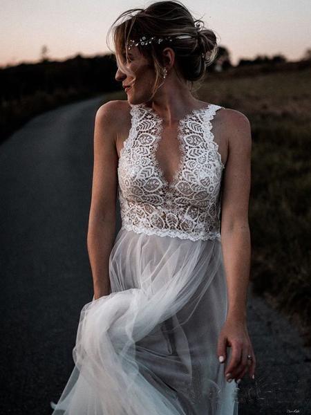 Long Sleeve Ivory Tulle See Through Backless Wedding Dresses – Pgmdress