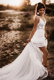 Lace Bodice V Neck Bridal Dresses White Backless A Line Wedding Dresses WD468 - Pgmdress