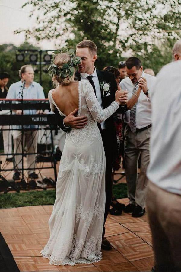 Lace Long Sleeve Backless Boho Wedding Gowns Rustic Wedding Dress – Pgmdress