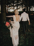 Lace Long Sleeve Backless Boho Wedding Gowns Rustic Wedding Dress WD515 - Pgmdress