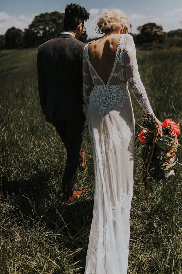 Lace Long Sleeve Backless Boho Wedding Gowns Rustic Wedding Dress WD515 - Pgmdress