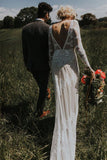 Lace Long Sleeve Backless Boho Wedding Gowns Rustic Wedding Dress WD515