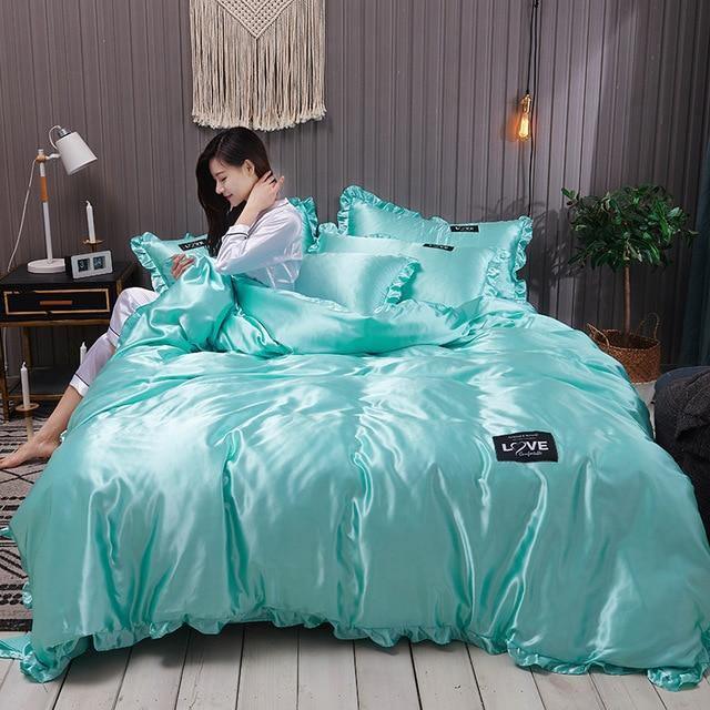 Lace Pure Satin Silk Bedding Set Adult Luxury Duvet Covers With Pillowcase Single Double Queen King Bed Sheet Bedclothes White - Pgmdress