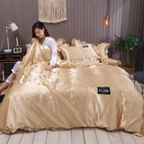 Lace Pure Satin Silk Bedding Set Adult Luxury Duvet Covers With Pillowcase Single Double Queen King Bed Sheet Bedclothes White - Pgmdress