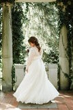 Lace Top Ivory Chiffon Plus Size Wedding Dresses with Long Sleeves WD462 - Pgmdress