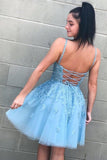 Lace-Up Sky Blue Short Homecoming Dress with Lace Appliques PD332 - Pgmdress