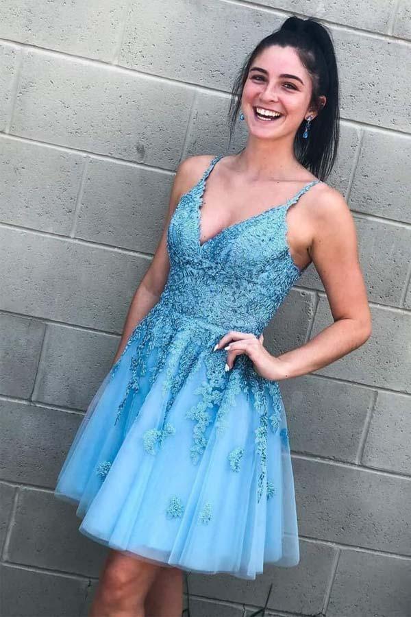 Lace-Up Sky Blue Short Homecoming Dress with Lace Appliques PD332 - Pgmdress
