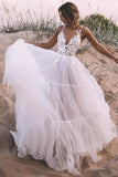 Layered Tulle Skirt Lace V Neck Outdoor Wedding Dresses Bridal Gown WD469 - Pgmdress