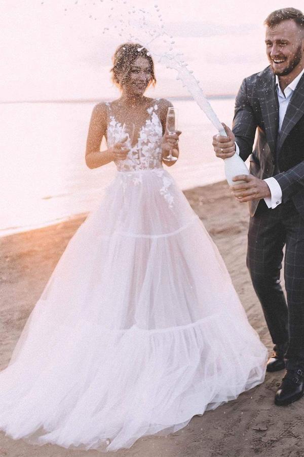 Layered Tulle Skirt Lace V Neck Outdoor Wedding Dresses Bridal Gown WD469 - Pgmdress