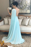 Light Blue One Shoulder Chiffon Pleats Sheer Illusion Back Prom Gown PG977 - Pgmdress