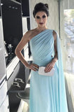 Light Blue One Shoulder Chiffon Pleats Sheer Illusion Back Prom Gown PG977 - Pgmdress