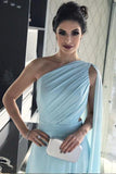 Light Blue One Shoulder Chiffon Pleats Sheer Illusion Back Prom Gown PG977 - Pgmdress