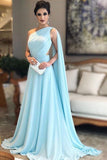 Light Blue One Shoulder Chiffon Pleats Sheer Illusion Back Prom Gown PG977