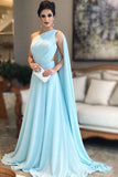 Light Blue One Shoulder Chiffon Pleats Sheer Illusion Back Prom Gown PG977 - Pgmdress