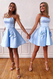 Light Blue Spaghetti Straps Bowknot A-Line Cute Homecoming Dresses   PD396