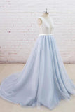 Light Blue Tulle Sheer Back Sweep Train Formal Prom Dress PSK134 - Pgmdress