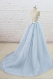 Light Blue Tulle Sheer Back Sweep Train Formal Prom Dress PSK134 - Pgmdress