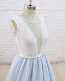 Light Blue Tulle Sheer Back Sweep Train Formal Prom Dress PSK134 - Pgmdress
