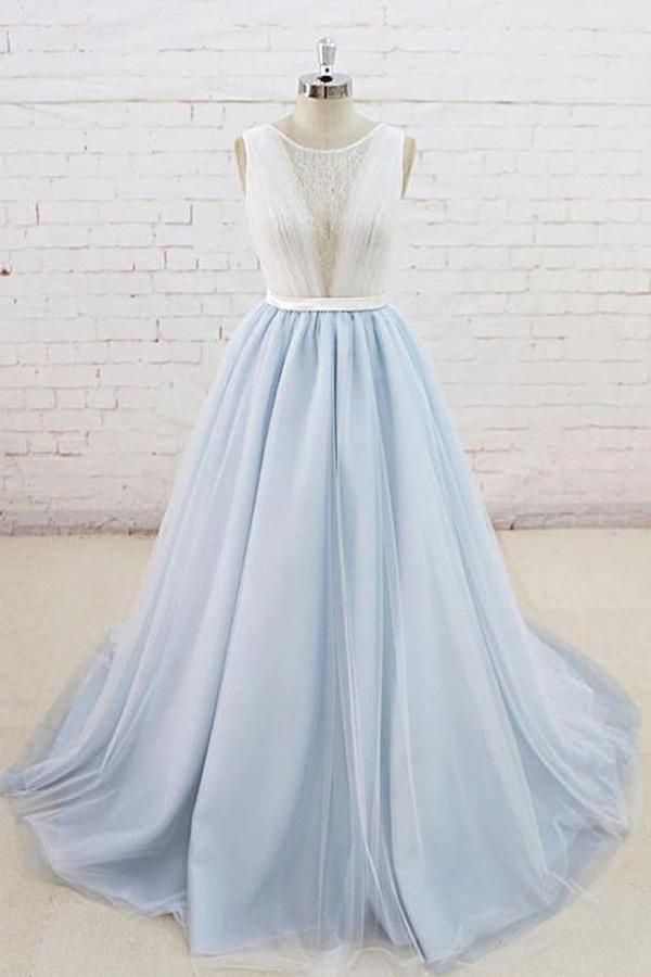 Light Blue Tulle Sheer Back Sweep Train Formal Prom Dress PSK134 - Pgmdress