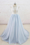 Light Blue Tulle Sheer Back Sweep Train Formal Prom Dress PSK134