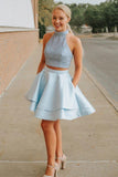 Light Blue Two Piece Mini Homecoming Dresses with Pocket Halter Beaded PD171 - Pgmdress