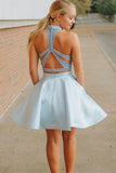 Light Blue Two Piece Mini Homecoming Dresses with Pocket Halter Beaded PD171 - Pgmdress