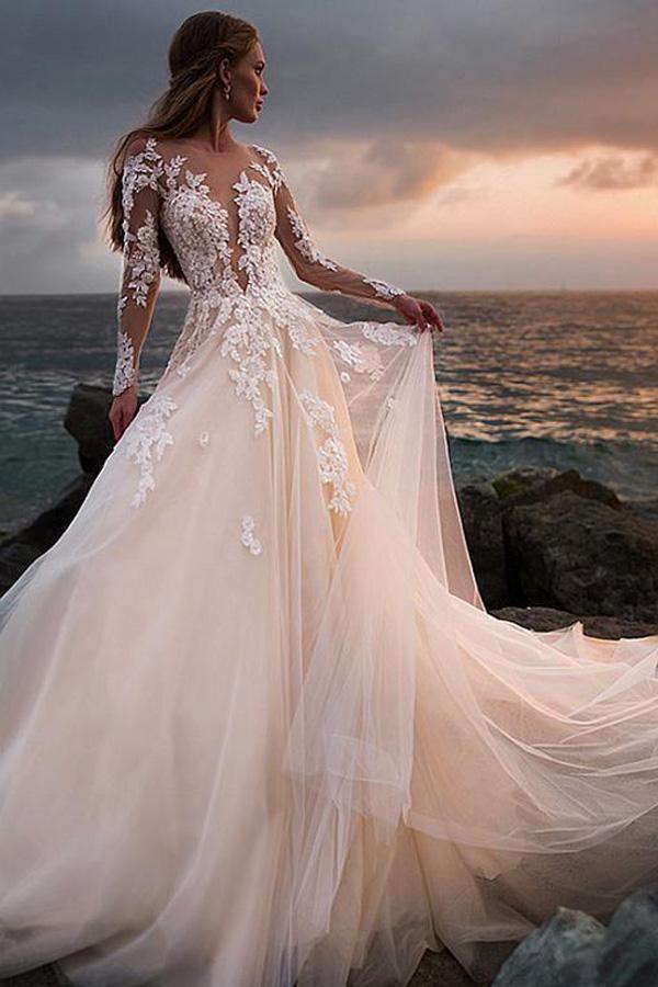 Ivory Tulle Beach Wedding Dress with Illusion Lace Long Sleeves