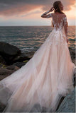 Ivory Tulle Beach Wedding Dress with Illusion Lace Long Sleeves WD532 - Pgmdress