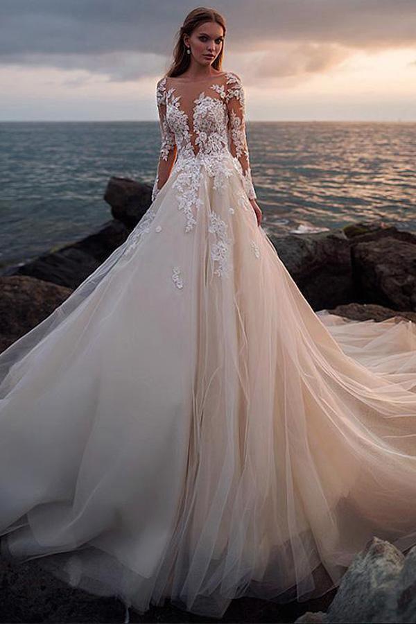 Ivory Tulle Beach Wedding Dress with Illusion Lace Long Sleeves WD532 - Pgmdress