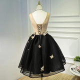 Little Black Homecoming Dress Butterfly V-neck Short Prom Dress PD397 - Pgmdress