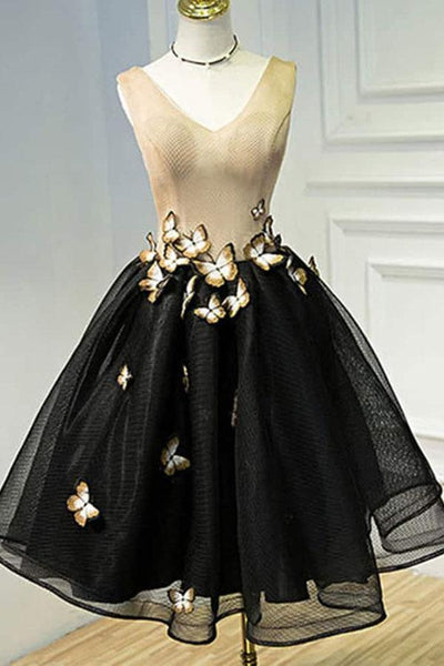 Little Black Homecoming Dress Butterfly V-neck Short Prom Dress  PD397 main image 1