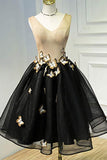 Little Black Homecoming Dress Butterfly V-neck Short Prom Dress  PD397