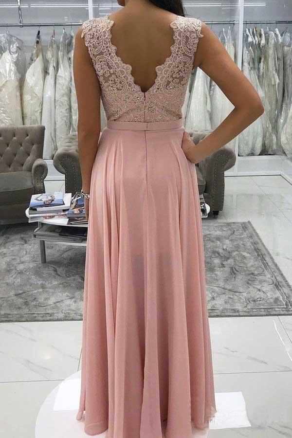 Long Chiffon Lace Beaded Prom Dresses Pink V-neck Formal Dress with Split PG958 - Pgmdress