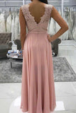Long Chiffon Lace Beaded Prom Dresses Pink V-neck Formal Dress with Split PG958 - Pgmdress
