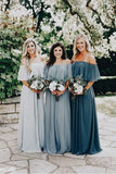 Long Chiffon Off The Shoulder Slate Gray Bridesmaid Dresses   BD077 - Pgmdress