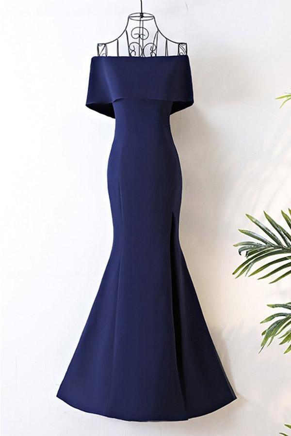 Long Navy Blue Satin Mermaid Forma/Prom Dress Off The Shoulder PG613 - Pgmdress