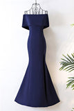 Langes schulterfreies Abendkleid im Meerjungfrau-Stil aus Satin in Marineblau PG613 