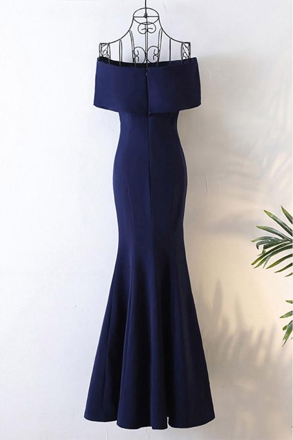 Long Navy Blue Satin Mermaid Forma/Prom Dress Off The Shoulder PG613 - Pgmdress