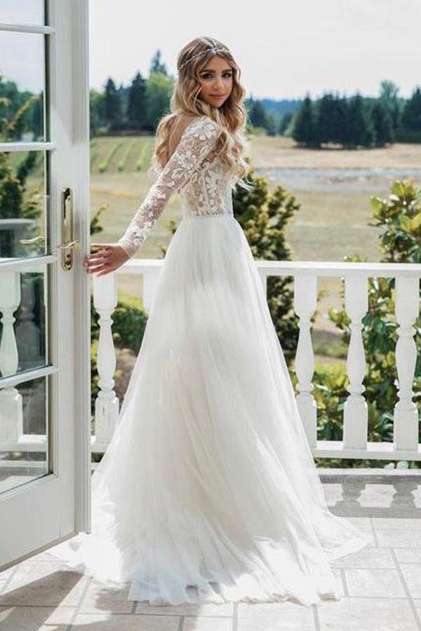 Long Sleeve Ivory Tulle See Through Backless Wedding Dresses – Pgmdress