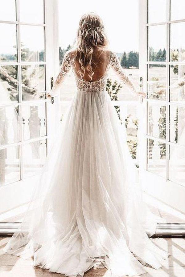 Long Sleeve Ivory Tulle See Through Backless Wedding Dresses WD302 - Pgmdress