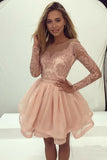 Long Sleeve Lace Homecoming Dress Tulle Zipper Back Party Dress PG197