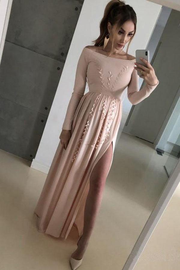 Long Sleeve Silver Prom Dresses Side Slit Blush Pink Lace Formal Dress PG778 - Pgmdress