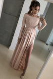 Long Sleeve Silver Prom Dresses Side Slit Blush Pink Lace Formal Dress PG778 - Pgmdress