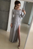 Long Sleeve Silver Prom Dresses Side Slit Blush Pink Lace Formal Dress PG778