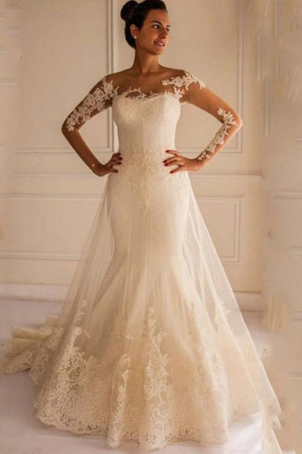 Long Sleeves Appliques Button Floor-Length Mermaid Wedding Dress WD151 - Pgmdress